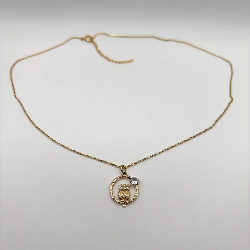 Girl's Gold Toned Delicate Owl Pendant Necklace with Rhinestones